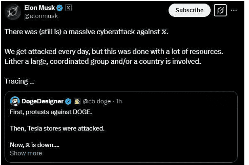 ಎಕ್ಸ್ ನಲ್ಲಿ ಭಾರೀ ತಾಂತ್ರಿಕ ಸಮಸ್ಯೆ- ದೊಡ್ಡ ಮಟ್ಟದ ಸೈಬರ್ ಅಟ್ಯಾಕ್ ಎಂದ ಎಲಾನ್ ಮಸ್ಕ್