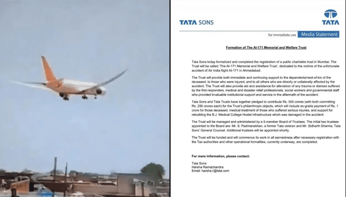 ಏರ್ ಇಂಡಿಯಾ ವಿಮಾನ ದುರಂತದ ಸಂತ್ರಸ್ತರಿಗೆ 500 ಕೋಟಿ ರೂಪಾಯಿ ಟ್ರಸ್ಟ್ ರಚಿಸಿದ ಟಾಟಾ ಗ್ರೂಪ್!