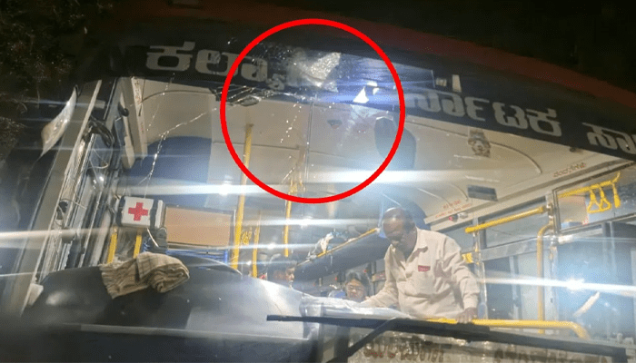 ಸಾರಿಗೆ ಬಸ್‌ ಸಂಚಾರ ಬಂದ್‌ – ಬೆಂಗಳೂರಿಗೆ ಬರುತ್ತಿದ್ದ ಕೆಎಸ್​ಆರ್​ಟಿಸಿ ಬಸ್​ ಮೇಲೆ ಕಲ್ಲೆಸೆತ