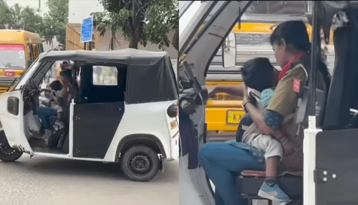 ಕಂದಮ್ಮನ ಭವಿಷ್ಯಕ್ಕಾಗಿ ಅಮ್ಮನ ಹೋರಾಟ! – ಪುಟ್ಟ ಮಗುವನ್ನು ಮಡಿಲಲ್ಲಿ ಕೂರಿಸಿ ಆಟೋ ಓಡಿಸುತ್ತಿರುವ ಮಹಾತಾಯಿ!