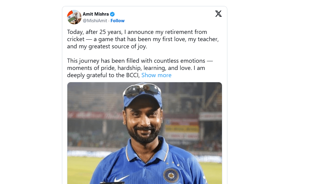 ಎಲ್ಲ ಮಾದರಿಯ ಕ್ರಿಕೆಟ್‌ಗೆ ಅಮಿತ್ ಮಿಶ್ರಾ ನಿವೃತ್ತಿ – 25 ವರ್ಷಗಳ ಟೀಂ ಇಂಡಿಯಾ ಜರ್ನಿಗೆ ಬ್ರೇಕ್