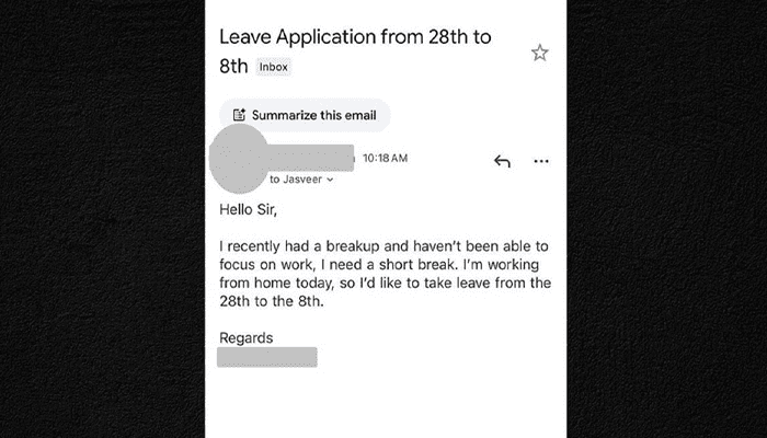 ಬ್ರೇಕ್‌ಅಪ್‌ ಆಗಿದೆ.. ರಜೆ ಕೊಡಿ ಸಾರ್‌.. ಬಾಸ್‌ಗೆ ಇಮೇಲ್‌ ಕಳುಹಿಸಿದ ಉದ್ಯೋಗಿ!