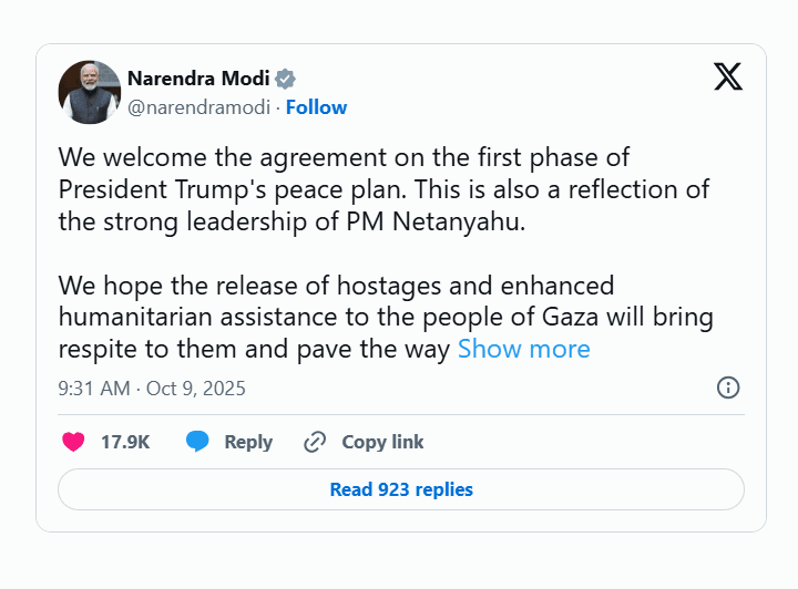 ಗಾಜಾ ಶಾಂತಿ ಯೋಜನೆಗೆ ಒಪ್ಪಿಗೆ – ಟ್ರಂಪ್‌ನ ಹಾಡಿ ಹೊಗಳಿದ ಮೋದಿ