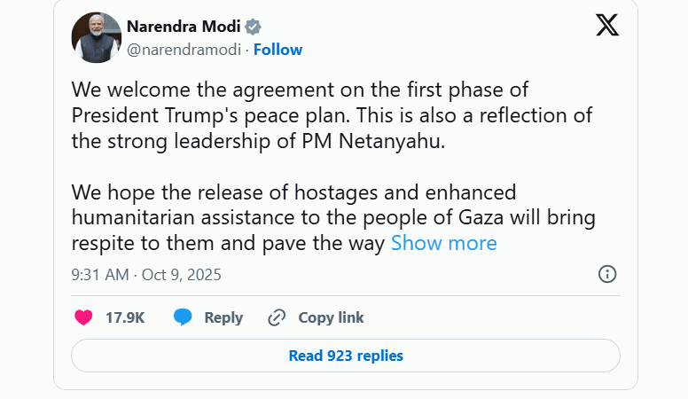 ಗಾಜಾ ಶಾಂತಿ ಯೋಜನೆಗೆ ಒಪ್ಪಿಗೆ – ಟ್ರಂಪ್‌ನ ಹಾಡಿ ಹೊಗಳಿದ ಮೋದಿ