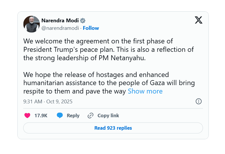 ಗಾಜಾ ಶಾಂತಿ ಯೋಜನೆಗೆ ಒಪ್ಪಿಗೆ – ಟ್ರಂಪ್‌ನ ಹಾಡಿ ಹೊಗಳಿದ ಮೋದಿ