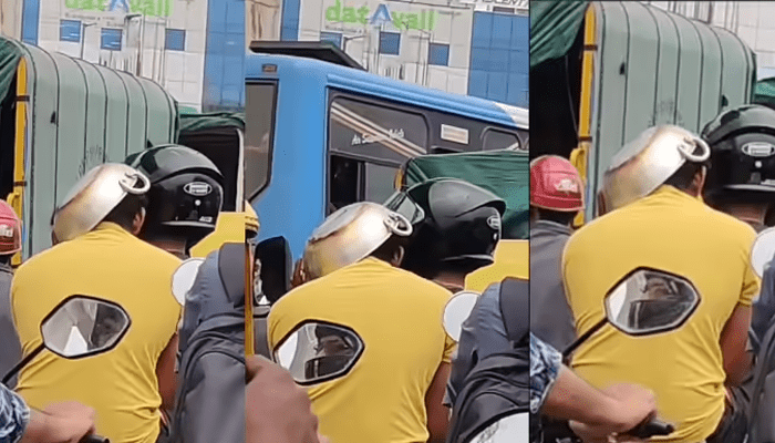 ಹೆಲ್ಮೆಟ್ ಬದಲು ಬಾಣಲೆ ಧರಿಸಿ ಬೈಕ್​ ರೈಡ್! – ಬೈಕ್‌ ಸವಾರನ ಐಡಿಯಾ ಕಂಡು ಪೊಲೀಸರೇ ಶಾಕ್!