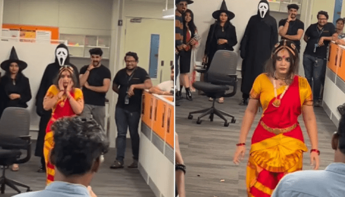 ಅಯ್ಯೋ.. ನಾಗವಲ್ಲಿ ವೇಷ ಧರಿಸಿ ಆಫೀಸ್‌ಗೆ ಬಂದ ಯುವತಿ!