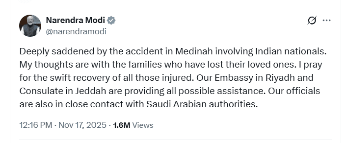 ಸೌದಿಯಲ್ಲಿ ಬಸ್ ಅಪಘಾತದಲ್ಲಿ ಮೃತಪಟ್ಟ ಭಾರತೀಯ ಉಮ್ರಾ ಯಾತ್ರಿಕರಿಗೆ ಮೋದಿ ಸಂತಾಪ