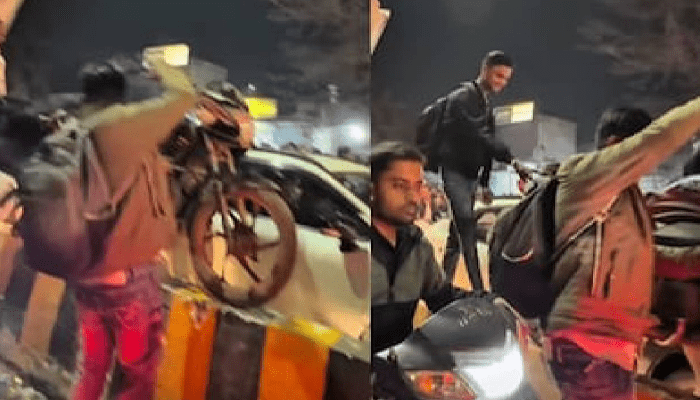 ಟ್ರಾಫಿಕ್‌ ಇದೆ ಎಂದು ಡಿವೈಡರ್‌ ಮೇಲೆ ಬೈಕ್‌ ಹತ್ತಿಸಿದ ಯುವಕರು! – 5 ನಿಮಿಷ ಉಳಿಸಲು ಈ ಹುಚ್ಚಾಟ ಬೇಕಾ? 