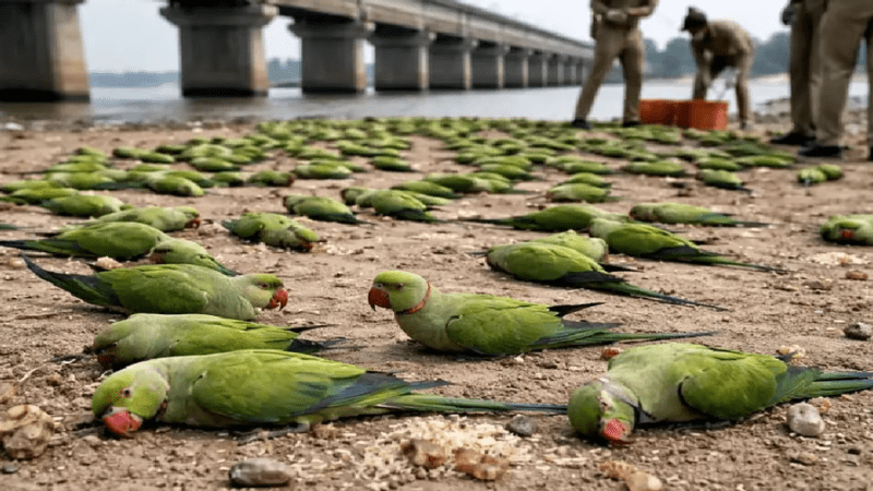 ನರ್ಮದಾ ನದಿ  ದಡದಲ್ಲಿ ಗಿಳಿಗಳ ಮಾರಣಹೋಮ – ವಿಷ ಆಹಾರದಿಂದ 200 ಗಿಳಿ ಸಾ**ವು