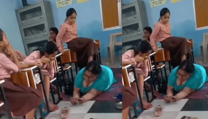 ಇದು ಶಾಲೆನಾ.. ಮಸಾಜ್‌ ಪಾರ್ಲರಾ? –  ಕ್ಲಾಸ್‌ನಲ್ಲೇ ಮಕ್ಕಳ ಕೈಯಲ್ಲಿ ಮಸಾಜ್‌ ಮಾಡಿಕೊಂಡ ಶಿಕ್ಷಕಿ!  