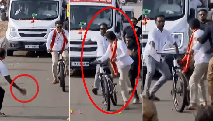 ಪ್ರಚಾರದ ವೇಳೆ ಅಭಿಮಾನಿ ಹೂವು ಎಸೆಯುತ್ತಿದ್ದಂತೆ ಬಾಂಬ್‌ ಎಂದು ಭಾವಿಸಿ ಓಡಿದ ದಳಪತಿ ವಿಜಯ್!