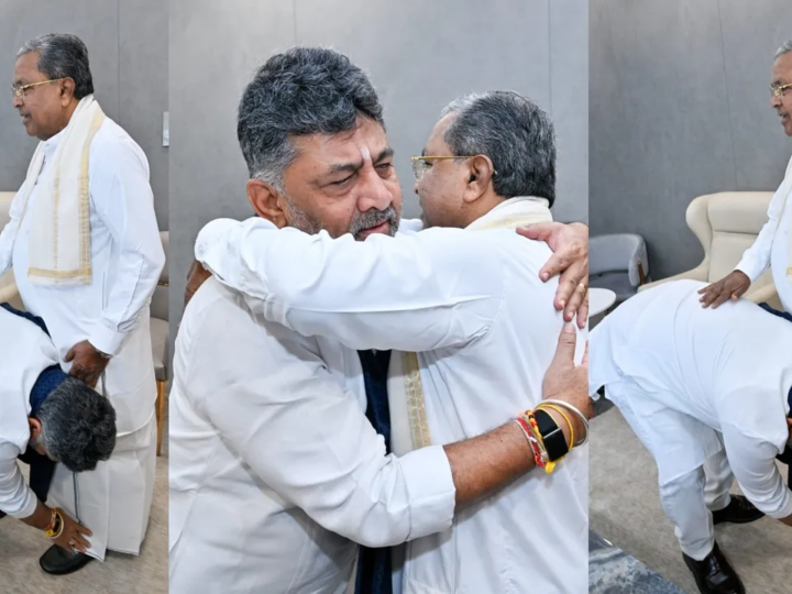 ಸಿಎಂ ಸಿದ್ದರಾಮಯ್ಯ ಕಾಲಿಗೆ ಬಿದ್ದ ಡಿಕೆಶಿ – ಸಿದ್ದು ಆಶೀರ್ವಾದ, ಶಿವಕುಮಾರ್ ಕಣ್ಣೀರು
