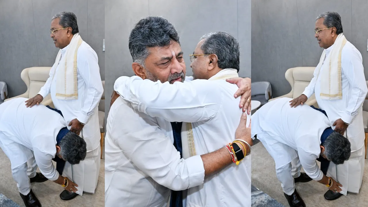 ಸಿಎಂ ಸಿದ್ದರಾಮಯ್ಯ ಕಾಲಿಗೆ ಬಿದ್ದ ಡಿಕೆಶಿ – ಸಿದ್ದು ಆಶೀರ್ವಾದ, ಶಿವಕುಮಾರ್ ಕಣ್ಣೀರು