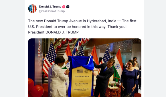 ಭಾರತದಲ್ಲಿ ರಸ್ತೆಗೆ ಟ್ರಂಪ್ ಹೆಸರು – ಧನ್ಯವಾದ ತಿಳಿಸಿದ ಅಮೆರಿಕ ಅಧ್ಯಕ್ಷ
